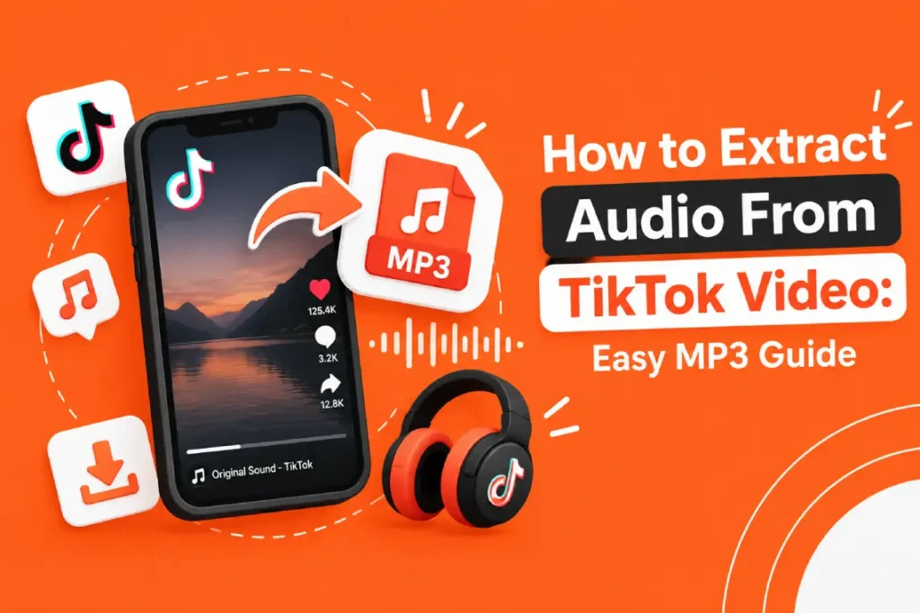 How to extract audio from a TikTok video and convert it to MP3, featuring a smartphone, TikTok video, MP3 file icon, headphones, and audio waveform.